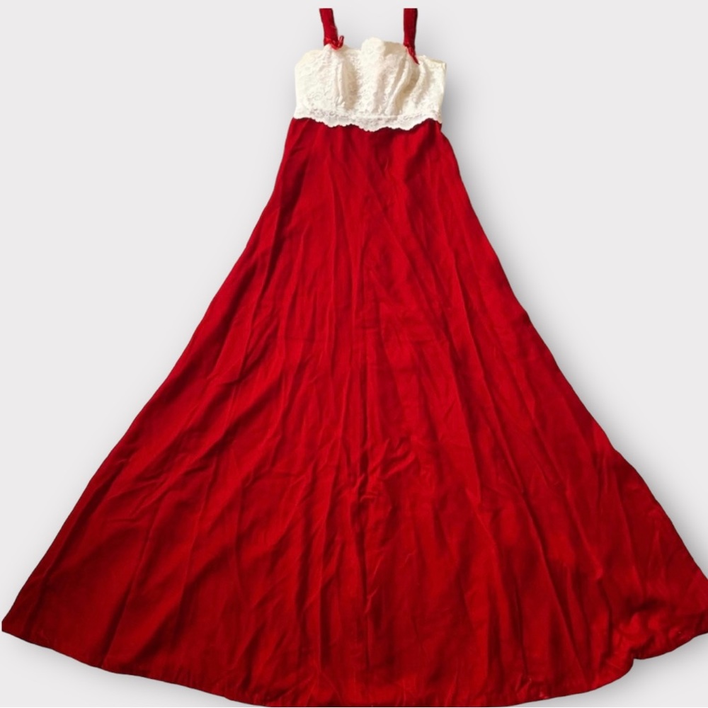 Vintage 70s Red Velvet & White Lace Formal/Party Maxi Dress - Picture 2 of 10